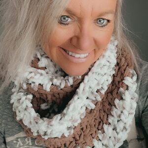 Cozy Brown and White Hand crocheted Infinity Scarf